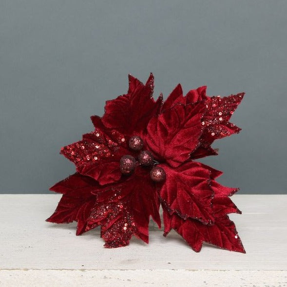 Medium Velvet Burgundy Poinsettia Pick