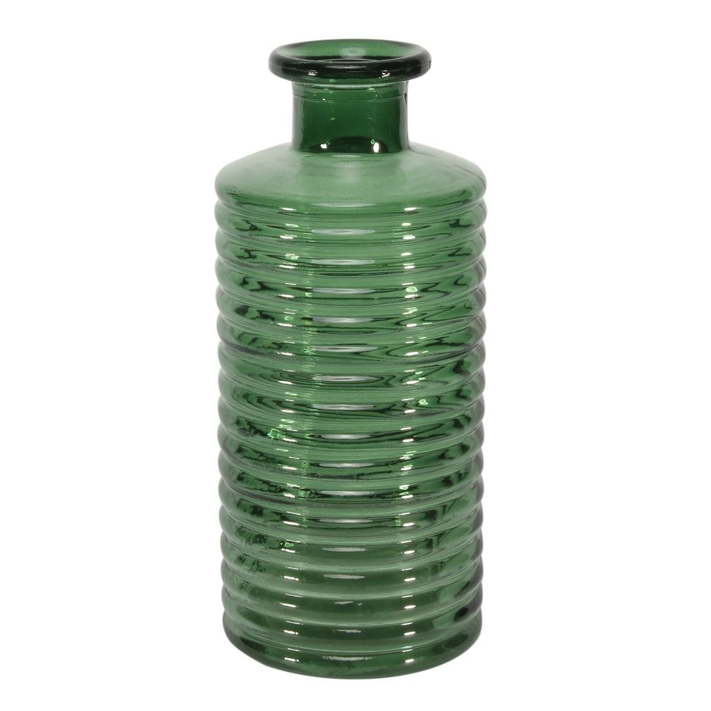 Horizontal Ribbed Glass Bottle Vase - Green