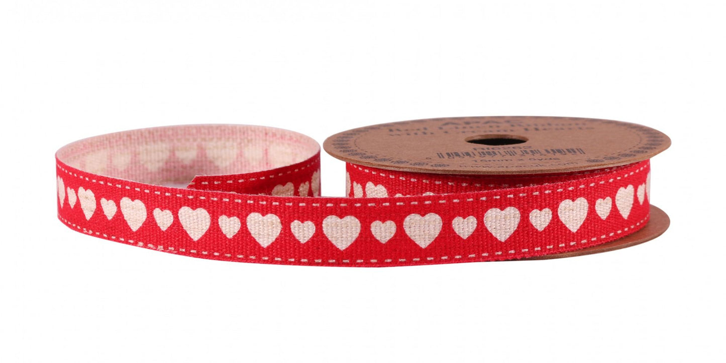 Red with White Hearts - Linen Ribbon 15mm