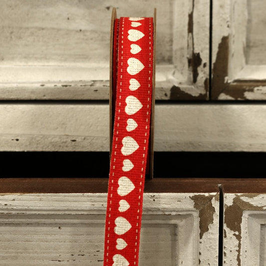 Red with White Hearts - Linen Ribbon 15mm